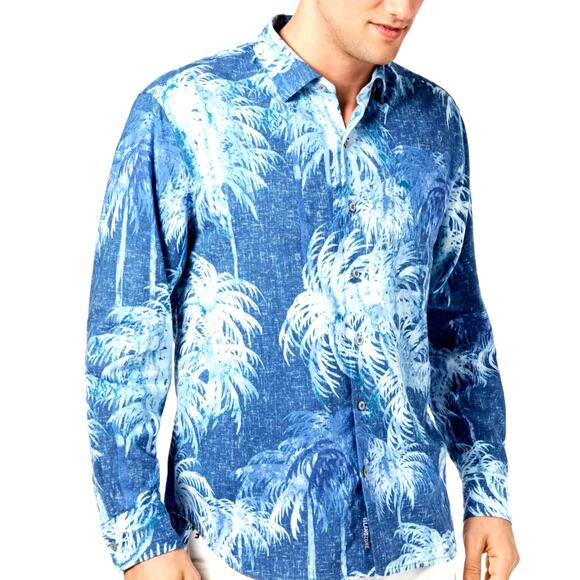 Tommy Bahama Island Zone Linen Shirt Size Medium Blue Indigo Evening Beach Aloha - Picture 1 of 13